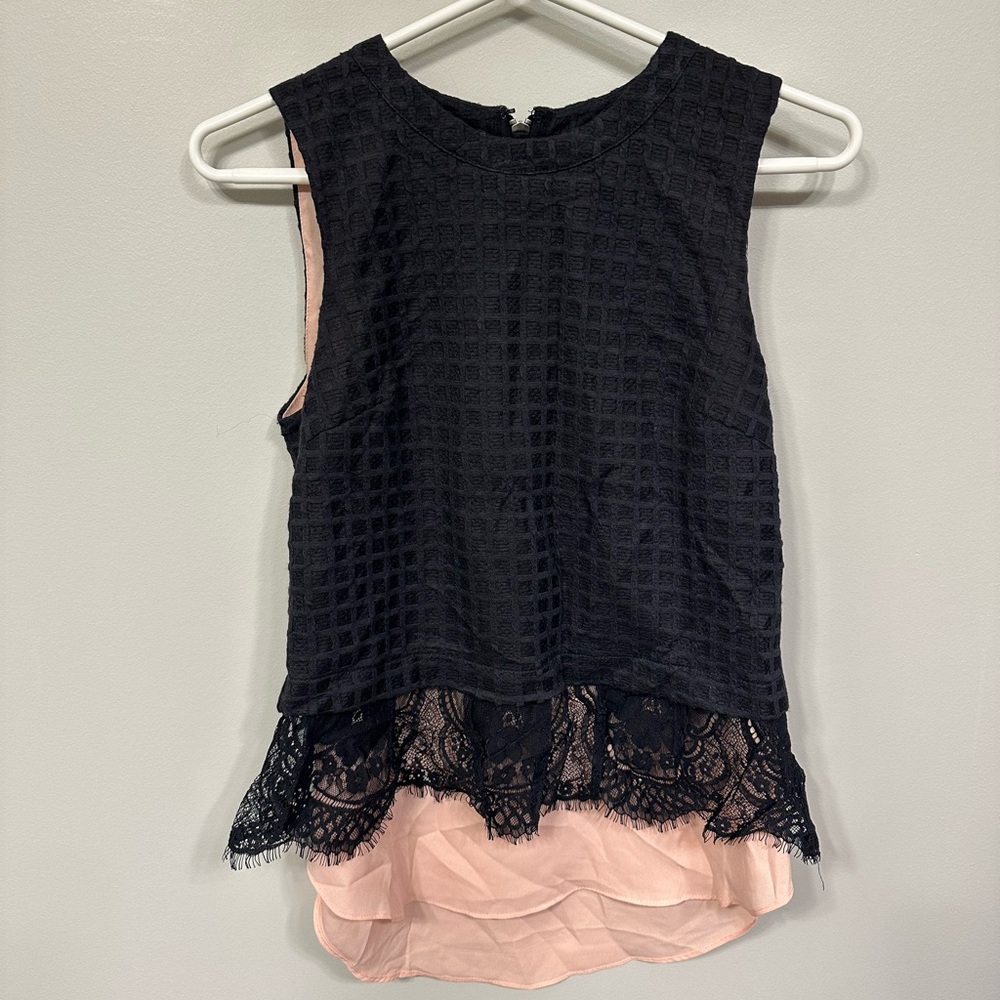 Anthropologie Black grid pattern with pink chiffon trim top